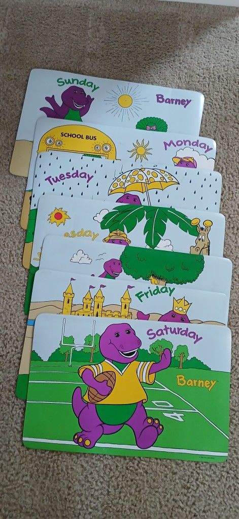 Set Of 7 Barney And Friends The Purple Dinosaur Cartoon Vintage Place Matts Table Mats