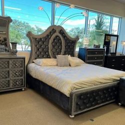 Cameo Gray Upholstered Panel Bedroom Set Bed, Dresser, Mirror, Nightstand, Chest 