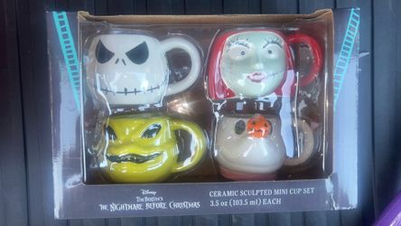 Disney The Nightmare Before Christmas collectible mini mug set featuring Jack Skellington, Sally, and Oogie Boogie.