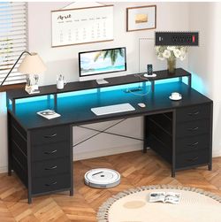 60" Computer Desk with 8 Drawers & Monitor Stand, LED Lights & Power Outlets, Black