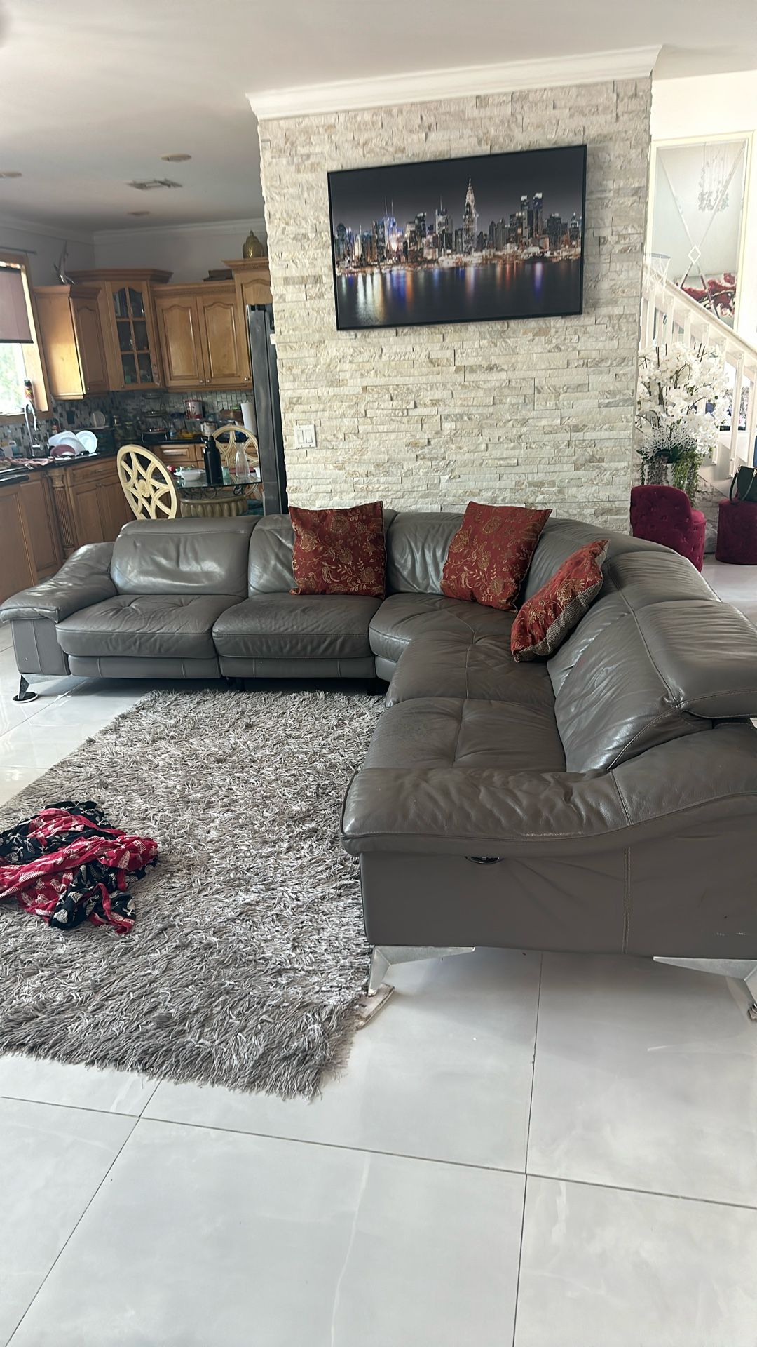 Sectional Sofa Real Lather With Recliner