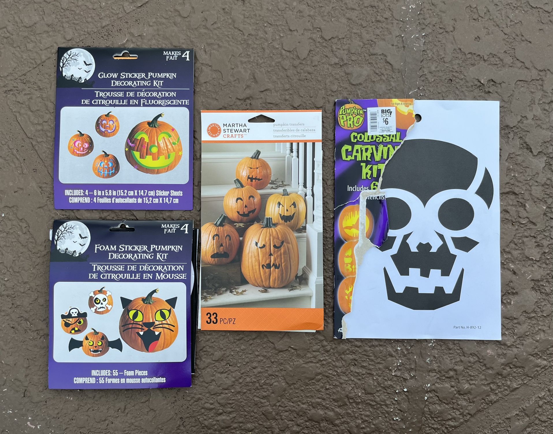 4 Halloween Pumpkin Decorating Kits: Foam & Glow Stickers, Transfers, Stencils