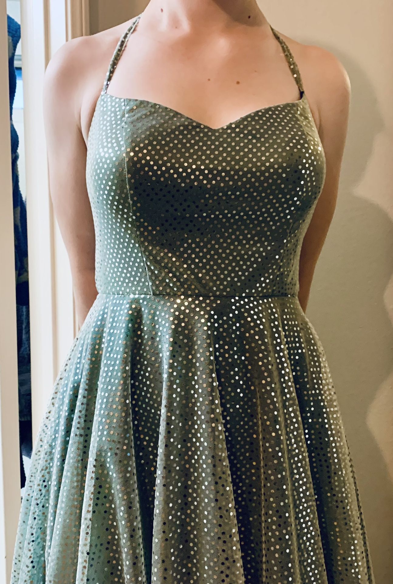 Silver-green Sequin Fitted Halter top Full Skirt Prom Dress