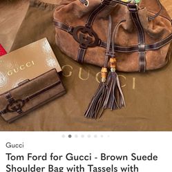  Gucci - Brown Suede Shoulder Bag with Tassels with Matching Wallet
