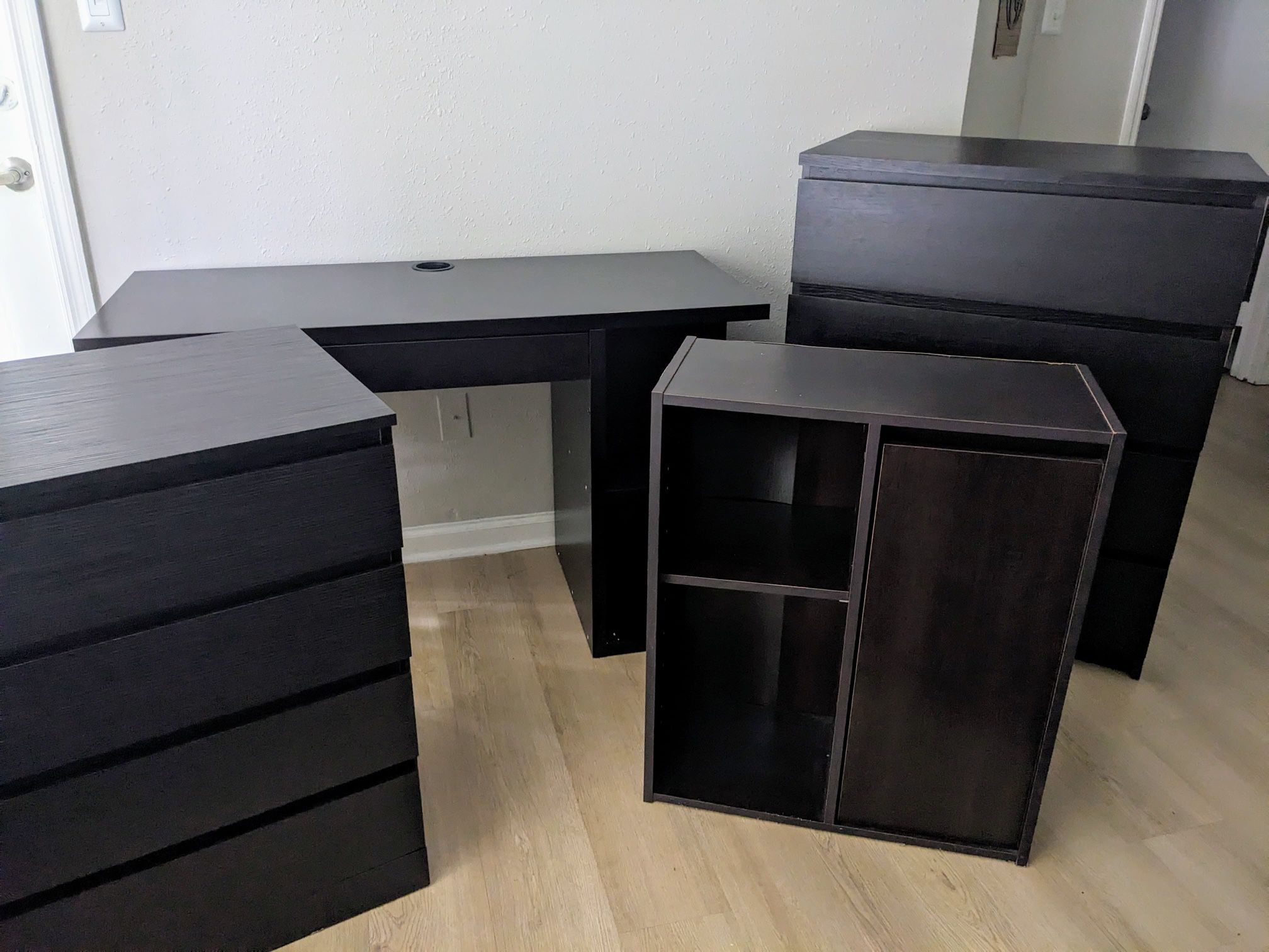 Black‑Brown Bedroom Set – 2 Dressers + Desk + Storage Cube (matching finish)