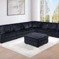 Brand New Black Corduroy Modular Sectional Sofa w Ottoman 
