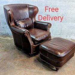 Walter E Smithe Leather Jeremiah Wingback Chair and Ottoman