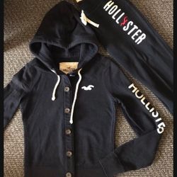 2 NEW Hollister Women Button Jacket Hoodie + Sweatshirt Sweatpants Track Suit Set 