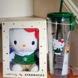 New: 2025 Hello Kitty Starbucks Bundle = 24oz Tumbler  & Boxed Plush Barista. So Cute