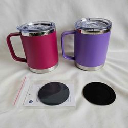 Insulated Coffee Mug with Lid, 12 oz Travel Coffee mug with handle Double Wall Stainless Steel Travel Tumbler Cup, Spill Proof (Fuchsia Red or Purple)