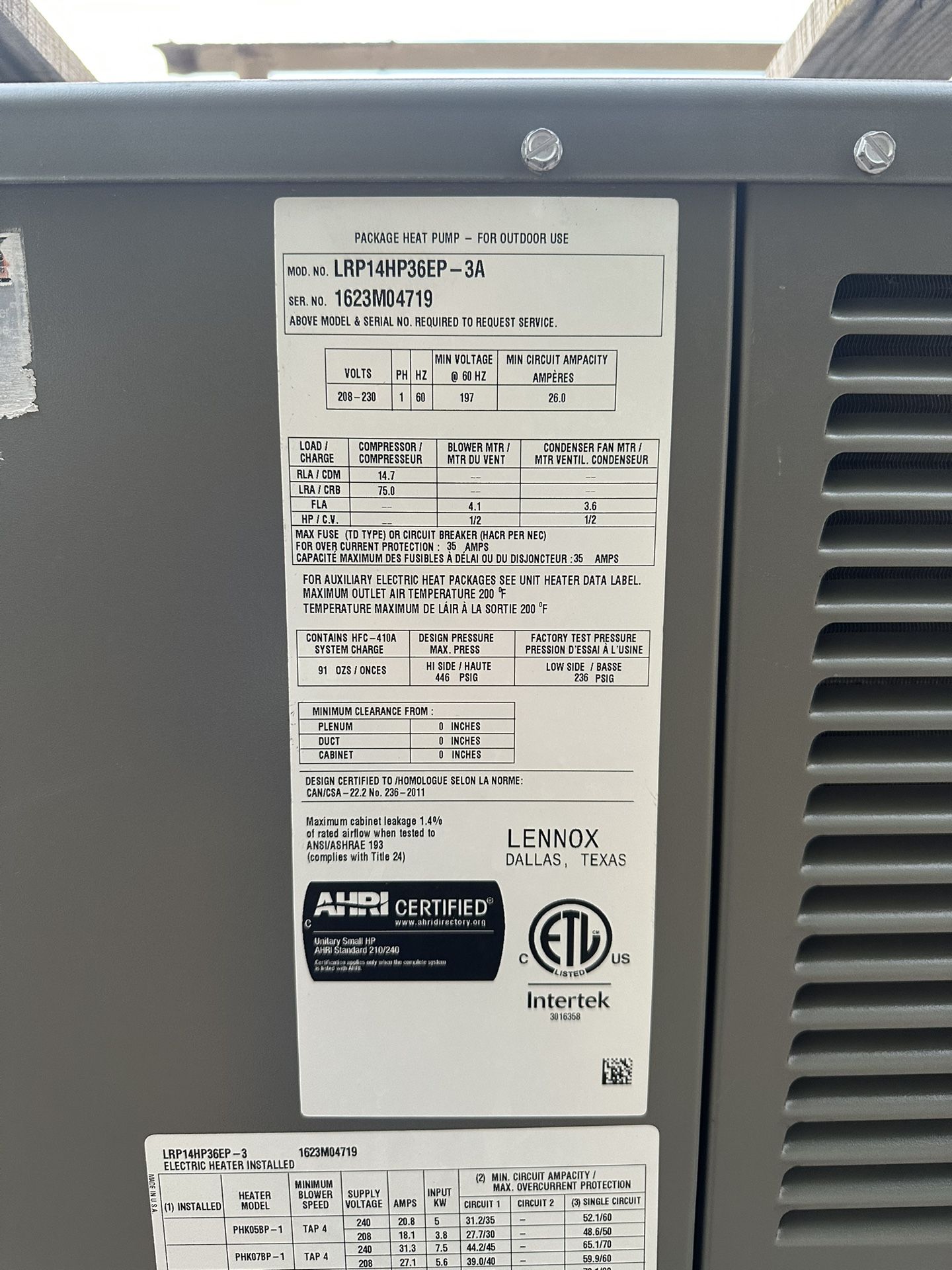 Lennox 3ton Package Heat Pump