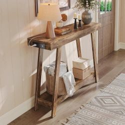 Console Table with Charging Station, USB-C Port, 2 Tiers Entryway Table, 39.4 Inch
