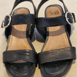 Sofft Vaya Black Leather Wedge Sandals with Buckle Strap SZ: 9M