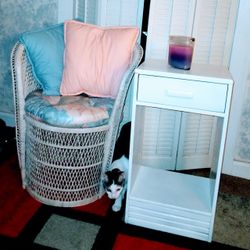 Vintage Rattan Armchair And Side Table With Drawer