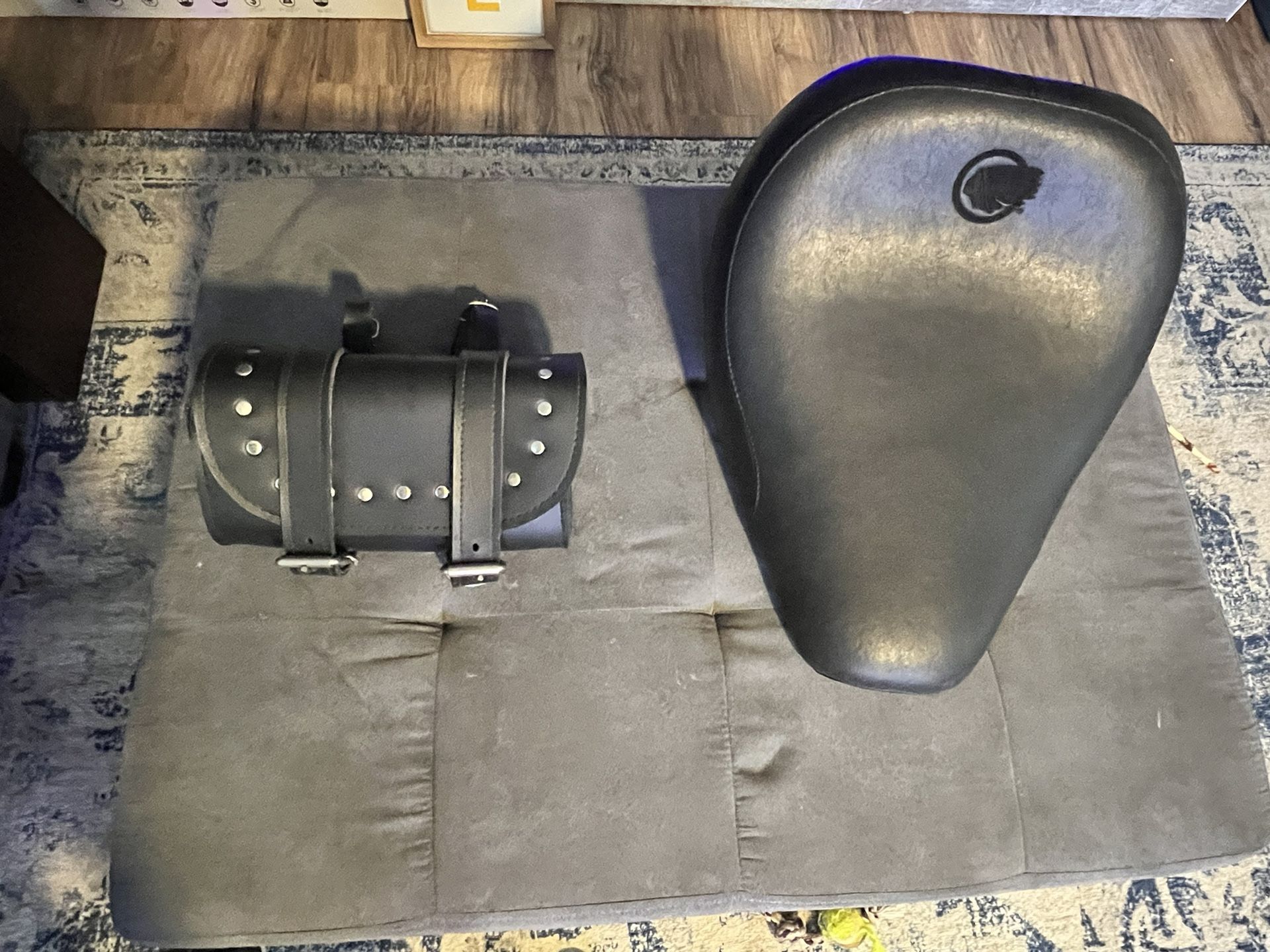 2003 Indian Motorcycle Solo Seat and Black Studded Leather Tool Bag