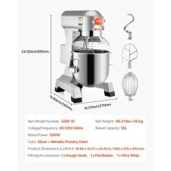 292]VEVOR Commercial Food Mixer 10Qt 450W 3 Speeds Adjustable 110/178/390 RPM Heavy Duty 110V with Stainless Steel Bowl Dough Hooks Whisk Beater Premi