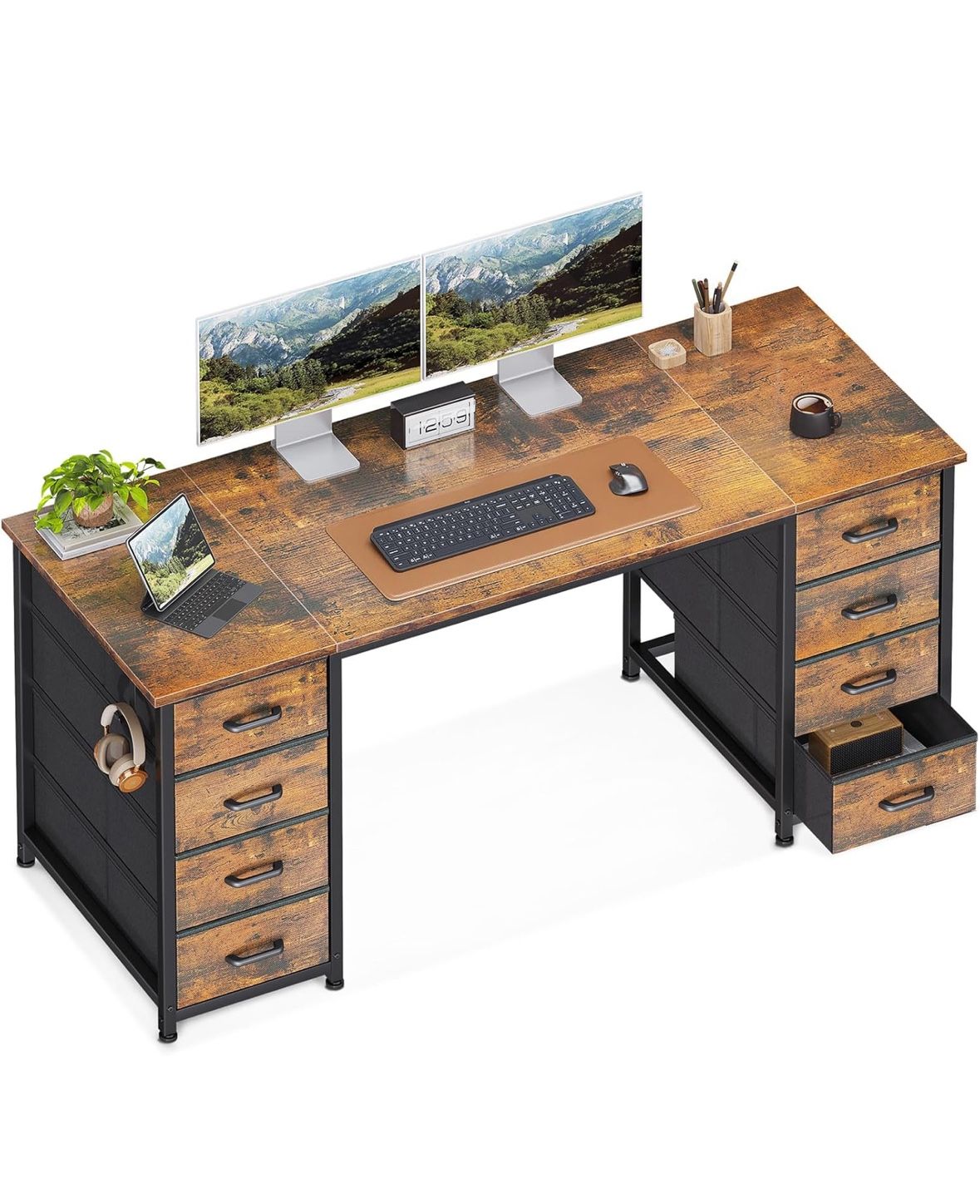 Brown 55 Inch Desk With 8 Drawers