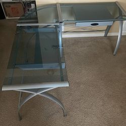 L-Shaped glass office desk with rolling file cart
