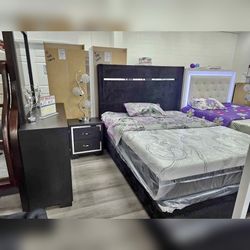 4PC Bedroom set with King or Queen upholstered bed frame