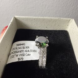 Green Moissanite Sterling Silver Adjustable Ring