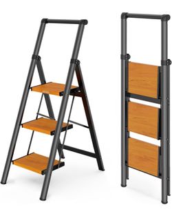 3 Step Ladders for Home, 300lbs Load, 26'' Top Step, BK/Wood Grain