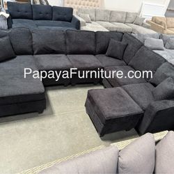 New! Large Sectional Sofa And Ottoman, Reversible Chaise Couch, Sectional, U-shaped Sofa, Sectionals Sofas, Couch,Black Sectional,Chenille Fabric Sofa