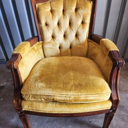 Vintage MCM Tufted Cushion Velvet/ Velour Gold, Wood Arm Chair