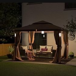 10x12 Gazebo Heavy Duty Soft Top with LED Light & Bluetooth Speaker Canopy Tent 2- Tier Curtain Double Roof