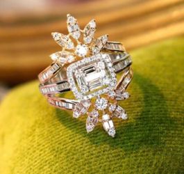 1 Carat Natural Diamond (Engagement/Wedding/Anniversary) Ring w/18K Mixed Rose, White, and Yellow Band.