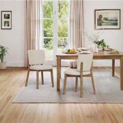 Modern Linen Fabric Upholstered Side Chair Solid Wood Light Brown Legs Dining Chair, Set of 2