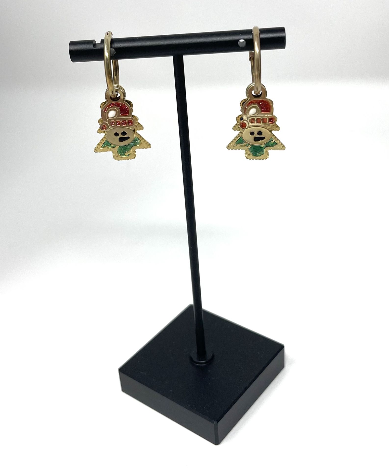 Antique gold small hoops with 3 dangling Christmas charms.  So cute!