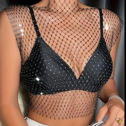 BLACK FISHNET WITH RHINESTONE TANK TOPS 