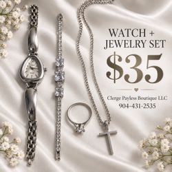 Silver Watch and Jewelry Set,  Women’s Gold-Tone Watch & Heart Jewelry Set