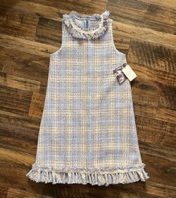 Blueberi Boulevard Girls Size 16 Blue/Peach/White Boucle Sleeveless Dress, Fringed Neck & Hem, Easter, Holiday Party *Brand New with Tags* MSRP $70