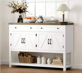 47.2" W Farmhouse Console Table with 2 Drawer, Hall Tables with Open Storage Shelf, Sofa Table, White&Brown