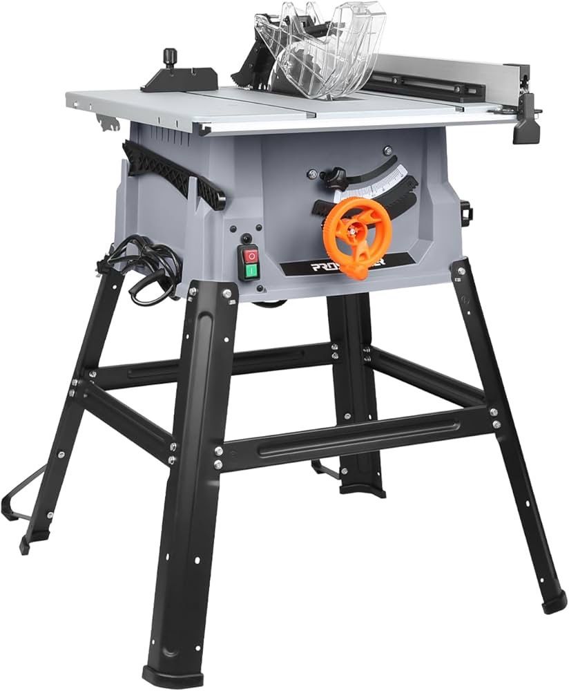 Prostormer 10 Inch Table Saw with Stand, 15A 5000RPM Portable Benchtop Saw, 45°Bevel Cutting Tabletop Saw for Woodworking