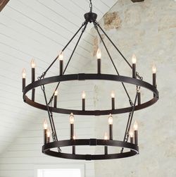 New 38.2” Large 20-Light 2 Tier Black Wagon Wheel Chandelier High Ceilings Adjustable Height Dimmabl