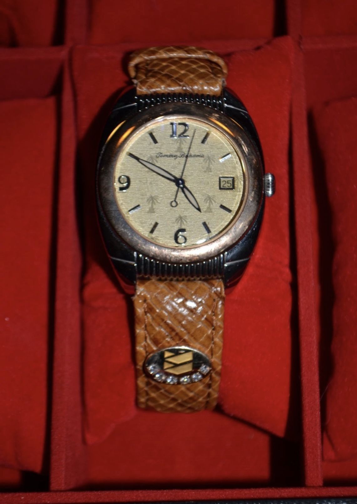 Tommy Bahama TB1032 Men’s Swiss Watch Two-Tone Leather Strap 30 yr Chevron