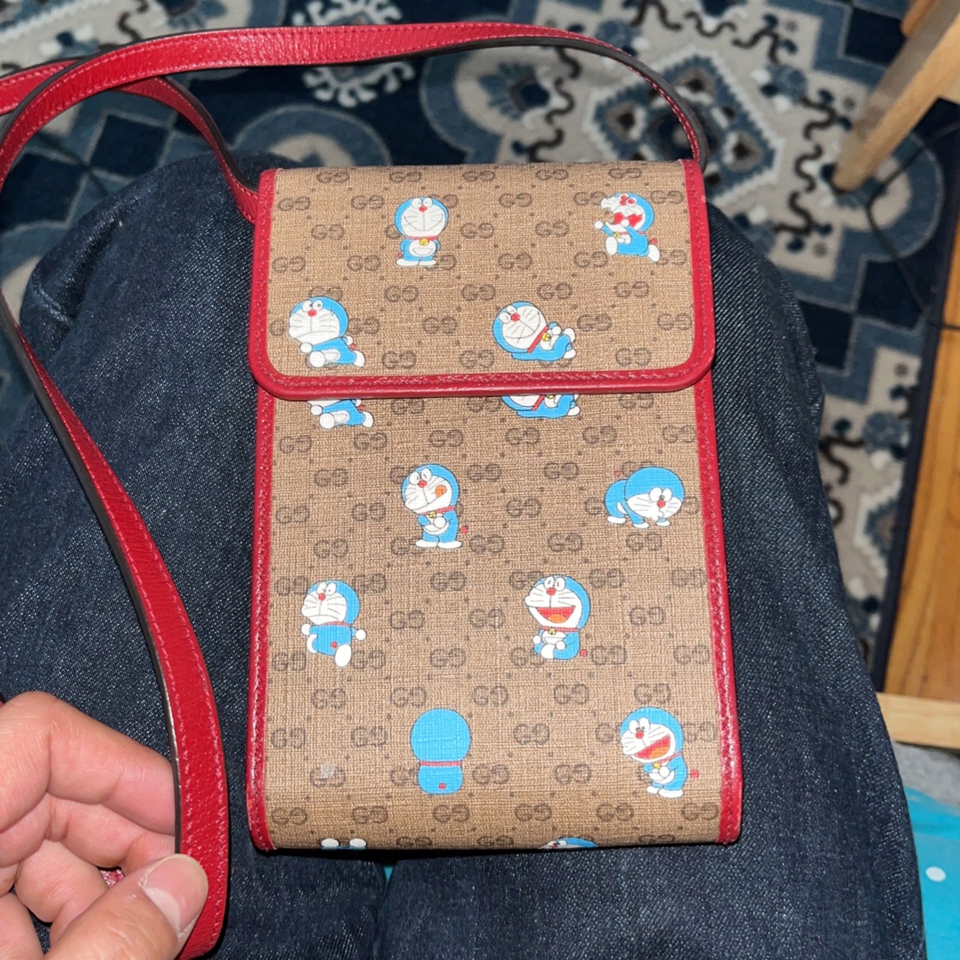 Gucci Doraemon Leather-Trimmed Printed Monogrammed Coated-Canvas Messenger Bag