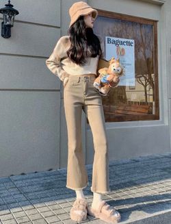 Women's Petite Hight Waist Flare Leg Cropped Pants Classic Fashion Jeans