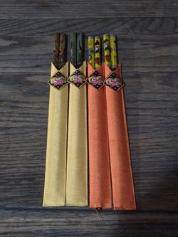 Korean Wooden Chopsticks Set Of 4 w/ Satin Sleeves - Gold & Orange