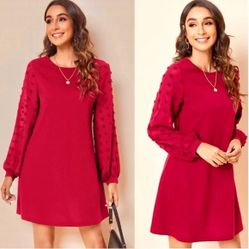 Swiss Dot Solid Red Above Knee Mini Long Sleeve Dress or Tunic Round Neck