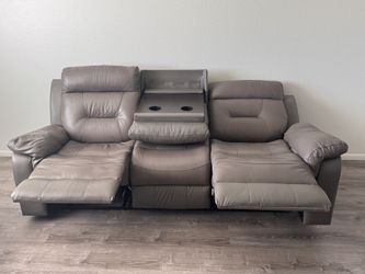 2 Brown Leather Reclining Sectional Couches w/ Table