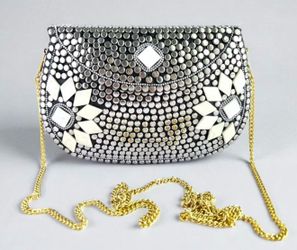 Elegant Handmade Metallic Mosaic Clutch Purse with Chain Removable Strap