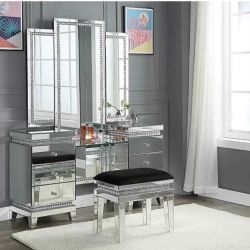 ACME furniture Lotus Mirrored Vanity Desk With Drawers Plus Vanity Stool And Light Up Floor Mirror