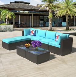 8-Piece Outdoor Wicker Sectional Sofa Set with Turquoise Cushions