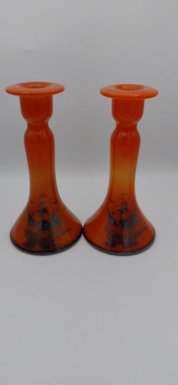 Rare Vintage Tiffin Sunset Orange Candlestick Holders With Sterling Nautical Overlay Depicting Ships