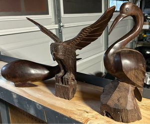 Vintage Hand Carved Iron Wood Whale, Eagle & Stork Sculpture