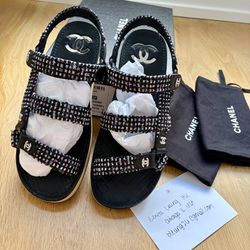 EUC $1300 CHANEL Tweed Lambskin Leather Dad Strappy Sandals 39 Crystal CC 23P Pink White Blue Black