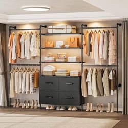 T3 Closet System with Stepless Dimmable LED Light & 4 Large Drawers Adjustable from 6'6'' to 8'11'', Heavy Duty Industrial Pipe Clothing Rack with 6 W